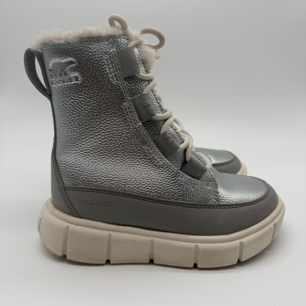 Sorel Winter Boots Kids Size 11 Silver Explorer III Lace Waterproof Faux Fur